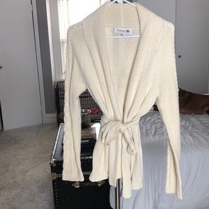 Warm Cable Knit Tie Waist Sweater in Cream